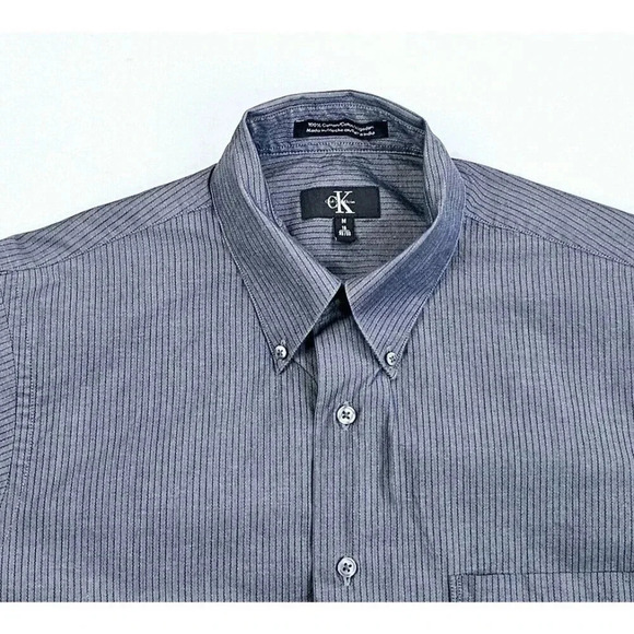 Calvin Klein Size Medium 15 32-33 Men Charcoal Gray Stripe Button Down L/S Shirt - Picture 1 of 9